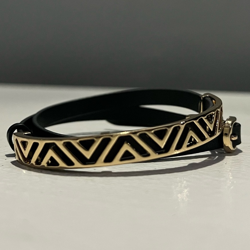 Stella & Dot Clover double wrap black leather bracelet BOHO Gold metal 25”